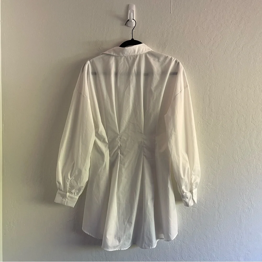 Shein White Oversized Button Up Collared Shirt Dress Sheer Womens Size 2 - Picture 3 of 9